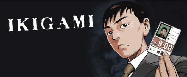 A young adult holding an identity card, we can read Ikigami behind him.